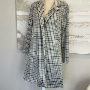 Melloday TRENCH COAT GREY BLUE PLAID SLASH POCKET OPEN FRONT